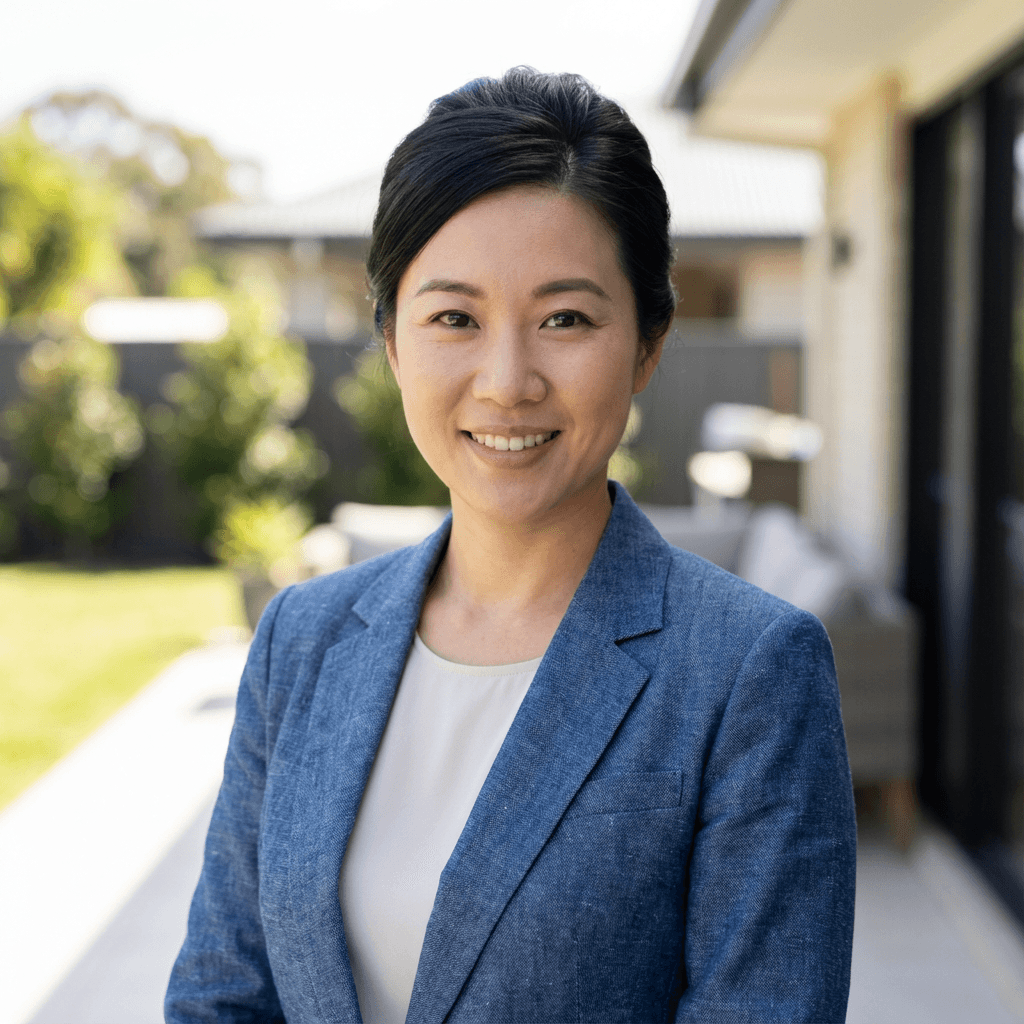 Female purchasing lead in her early 40s, East Asian, professional and detail-oriented appearance fitting for wholesale operations