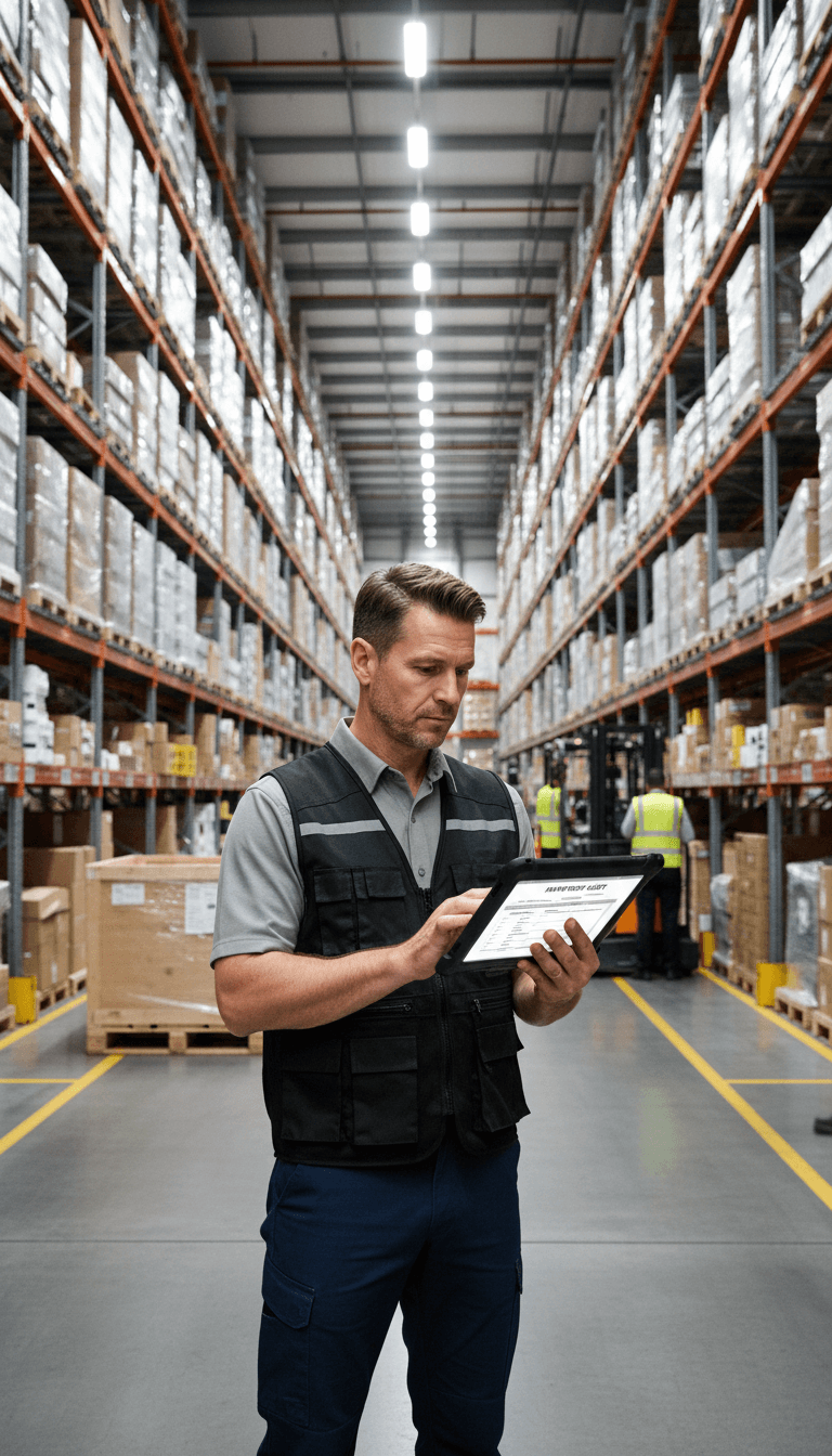 Warehouse staff reviewing inventory records during system setup