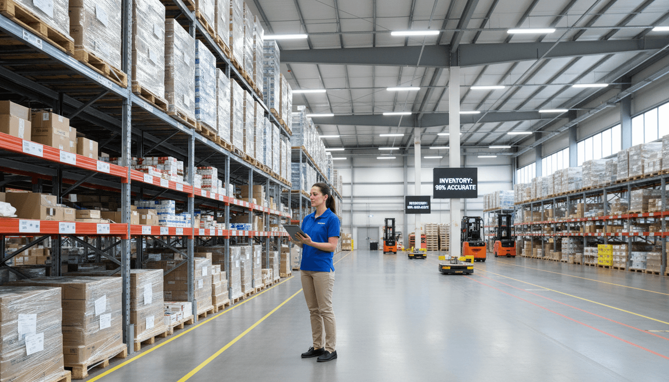 Warehouse manager holding tablet while reviewing stock on warehouse shelves