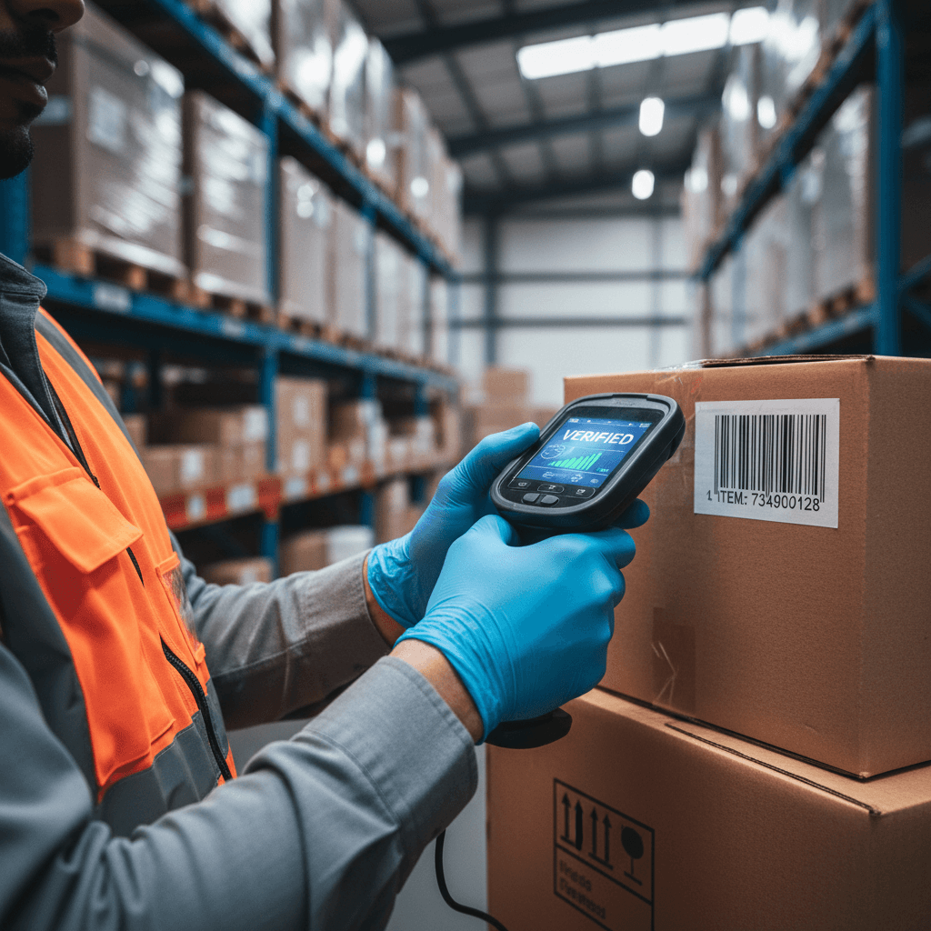 Warehouse staff scanning stock with a handheld scanner