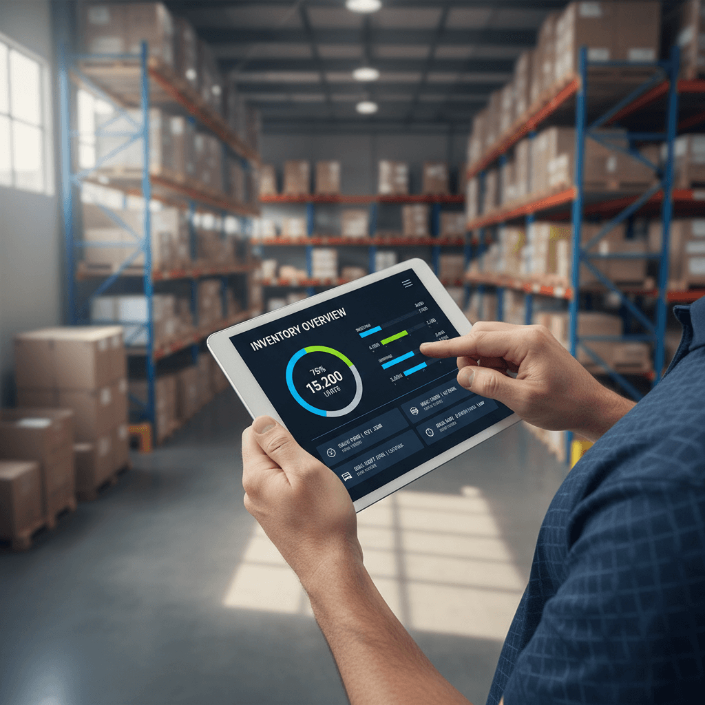 Inventory manager reviewing stock records in a warehouse
