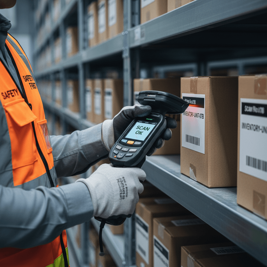 Worker scanning inventory on warehouse shelves